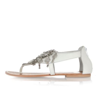 White leather coin embellished sandals